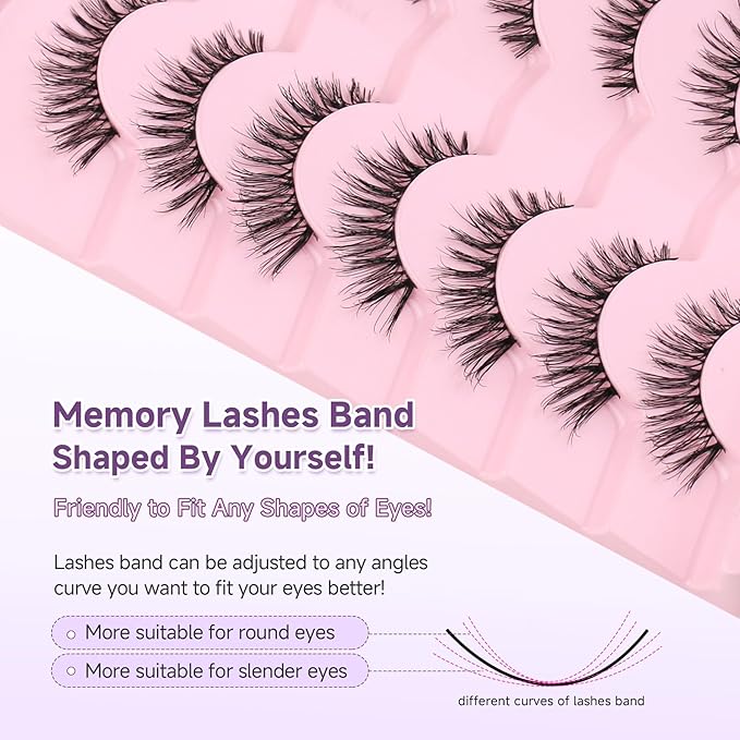 Natural Wispy Cat Eye False Eyelashes 14mm With Thin Memory Band - Soft Strip Lashes Pack C Curl Volume Fake Lashes 7 Pair