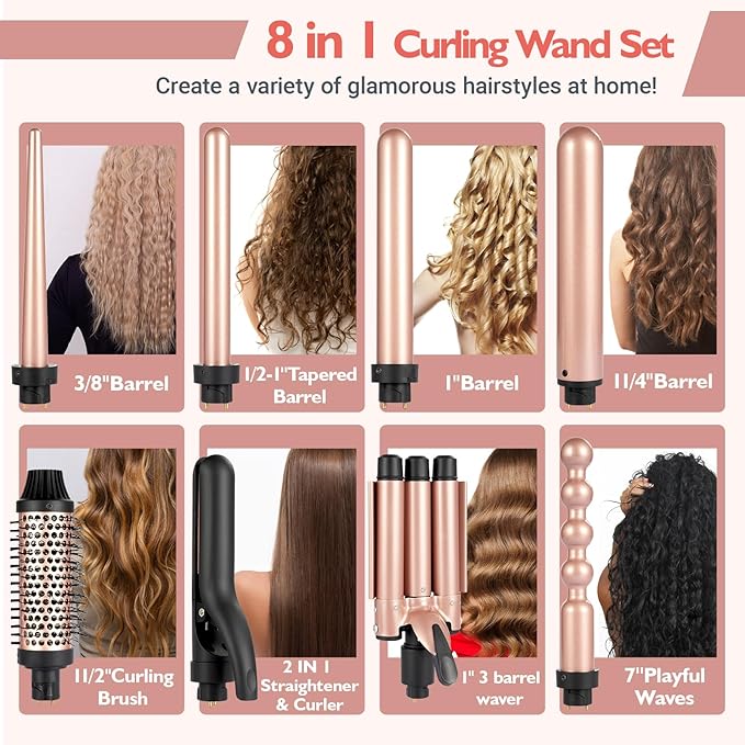 Ideal Swan 8 in 1 Curling Iron Set, Hair Curler Set with Curling Brush and 7 Interchangeable Ceramic curlers Wand (0.35"-1.25”), Hair Curler for Women All Hair Types and Travel Use, Gifts for Women