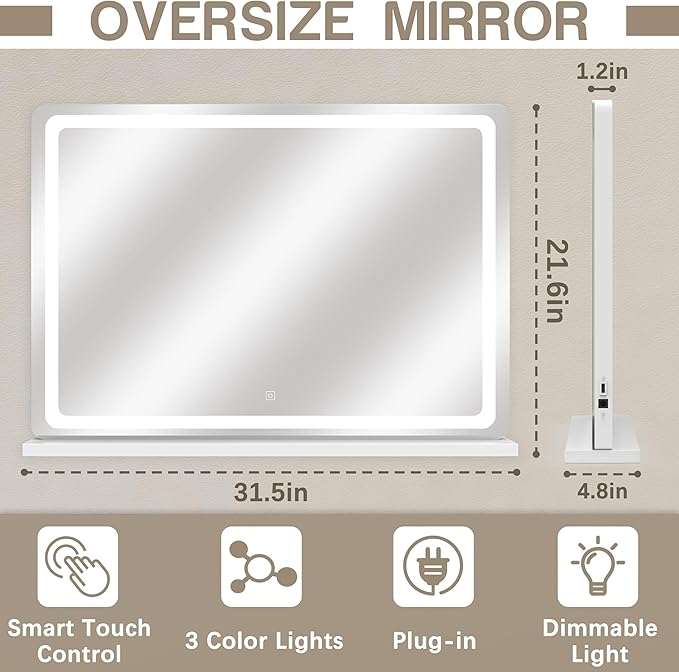 ROLOVE Vanity Mirror with Lights, 32" x 22" Large Lighted Vanity Mirror with Dimmable 3 Modes, LED Makeup Mirror, Touch Screen Control, USB Charging Port, Tabletop or Wall-Mounted