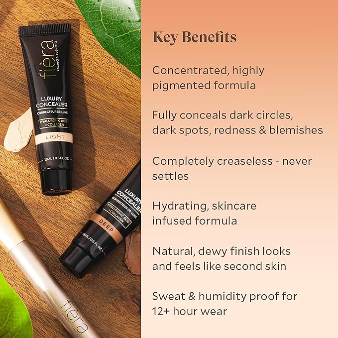 Fièra Luxury Concealer & Foundation with Anti-Aging Ingredients - Full Coverage for Dark Circles, Wrinkles, Fine Lines, and Spots, All-Day Wear For Mature Skin - Dark, 0.5 FL. OZ. / 15 ML