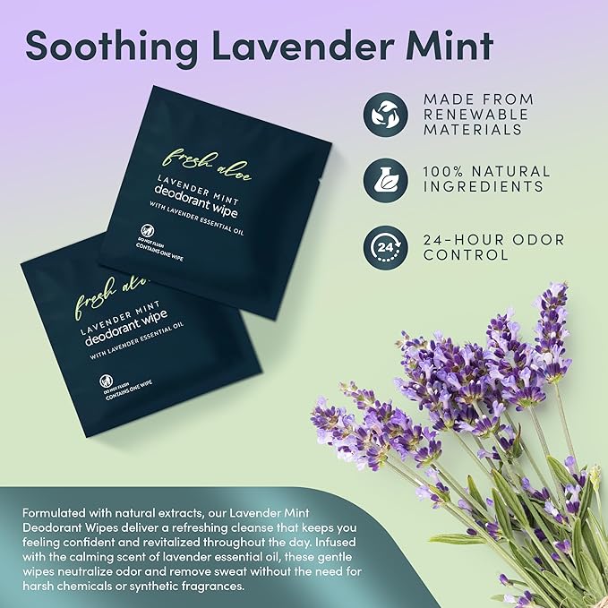 Individually Wrapped Deodorant Wipes | 500 Count Bulk | Lavender Mint with Fresh Aloe | Aluminum Free Travel Toiletries for Men and Women