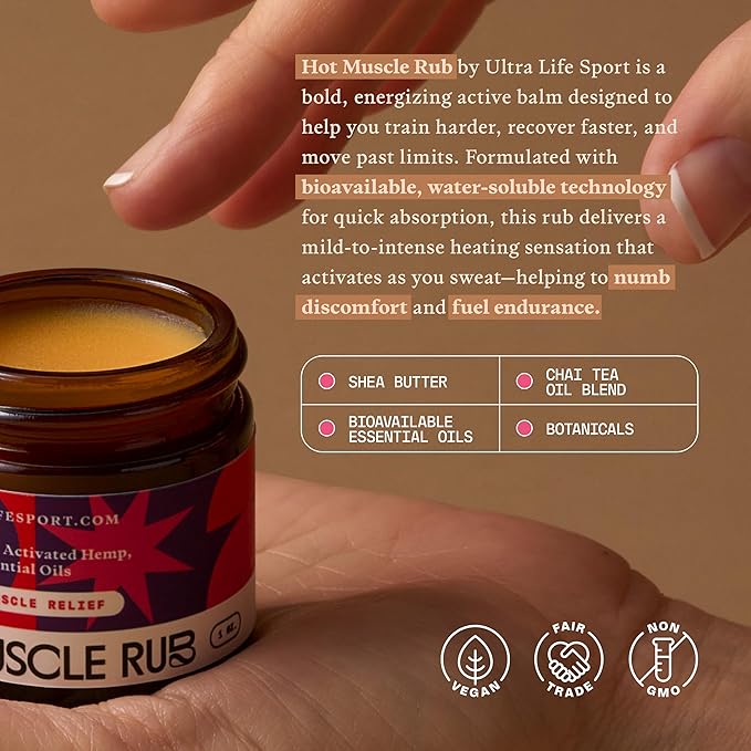 Ultra Life Sport – Premium Hot Muscle Balm with Shea Butter & Organic Essential Oils – 100% Vegan, Non-GMO, Free Trade – Warming Topical Formula with Chai Tea Scent - 1 oz.