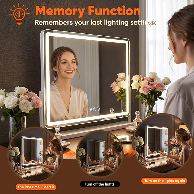 Antok Vanity Mirror with Lights, 32"X22" Lighted Makeup Mirror, Smart Touch, 3 Color Modes and Brightness Adjustable, LED Vanity Mirror with Detachable 10X Magnification, 360° Rotation for Makeup Desk