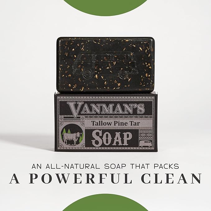 VanMan Tallow & Pine Tar Soap Bar – Grass-Fed Beef Tallow with Organic Oatmeal, Charcoal & Essential Oils – Exfoliating Face & Body Soap, 3.8oz - 5 Pack