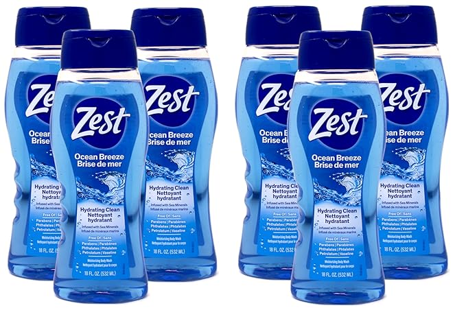 Zest Ocean Breeze Body Wash - Enriched with Sea Minerals - Rich Lathering Cleansing Body Wash Leaves Your Skin Feeling Smooth and Moisturized With an Invigorating Scent, 18 Fl Oz (Pack of 6)