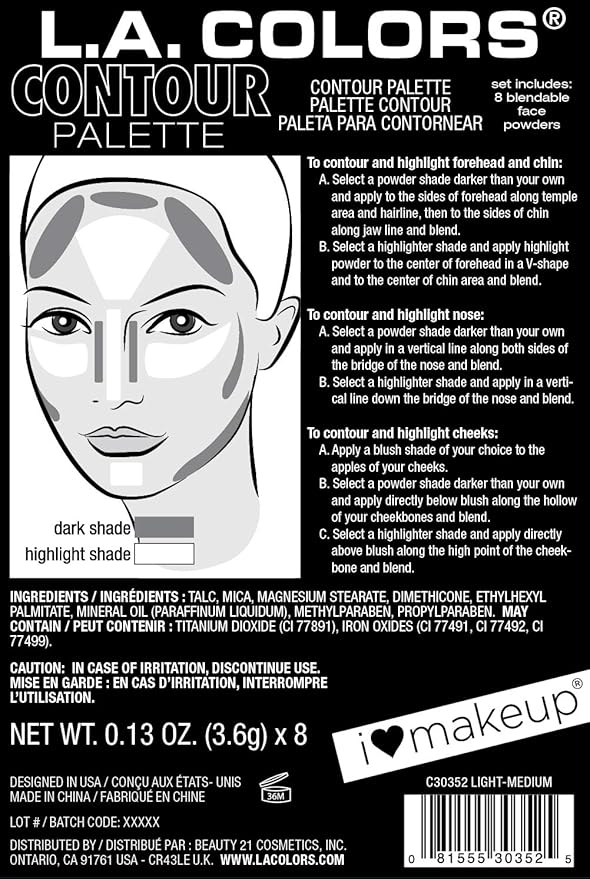 L.A. COLORS I Heart Makeup Contour Palette, Light to Medium C30352 (Pack of 2)