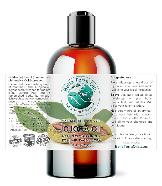 Bella Terra Oils - Organic Jojoba Oil 16 oz - Cold-Pressed Brilliance, Elevate Your Nail Oil Regimen with Vitamin-Rich Organic Jojoba Goodness