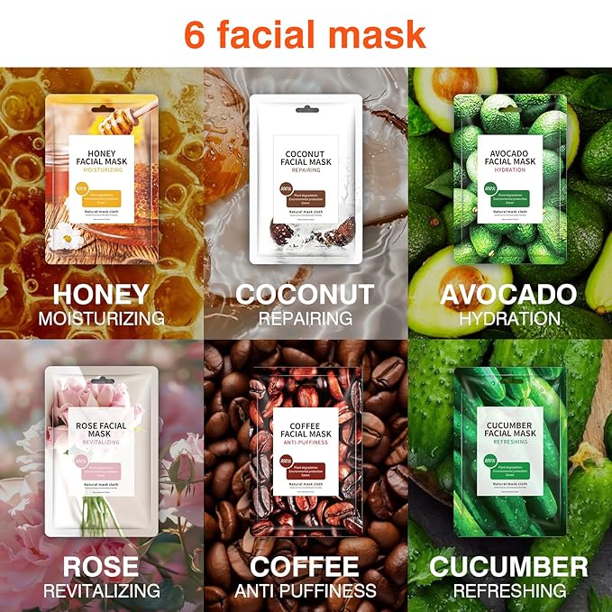 Face Mask Skincare, 12 Pack Variety Sheet Masks - Spa Party Face Masks - Natural Ingredients, Moisturizing & Soothing - Suitable for All Skin Types