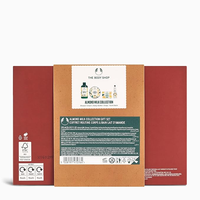The Body Shop Almond Milk Collection Gift Set - 4 Piece Set, Shower Cream, Body Butter, Face & Body Bar, Hand Balm, Vegan
