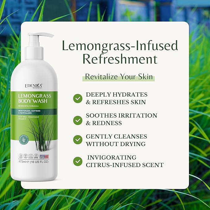 Lemongrass Body Wash with Vitamin E, Cleanses, Refreshes & Invigorates, Shower Gel for Dry and Sensitive Skin, Women & Men, Organic & Natural, 16 fl oz
