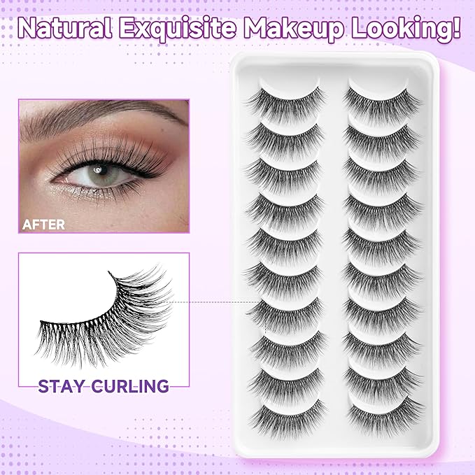 Lashes Cat Eye15mm Wispy Eyelashes Thin Band False Eyelashes 3D Volume False Lashes Soft Strip Lashes Pack C Curl Natural Eyelash Fake Lash 10 Pair EVENTILL