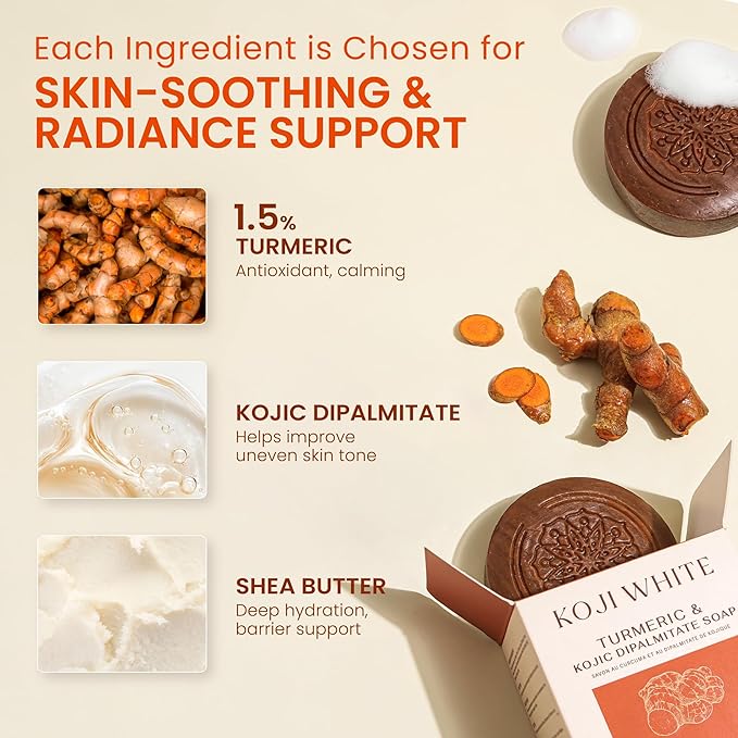 Koji White Turmeric Kojic Acid Soap, Unscented Soap for Sensitive Skin, Uneven Skin Tone, Smooth Skin for Face & Body-Acne with Shea Butter - Vegan, Fragrance-Free, Hypoallergenic, 2.82 oz (2 Bars)