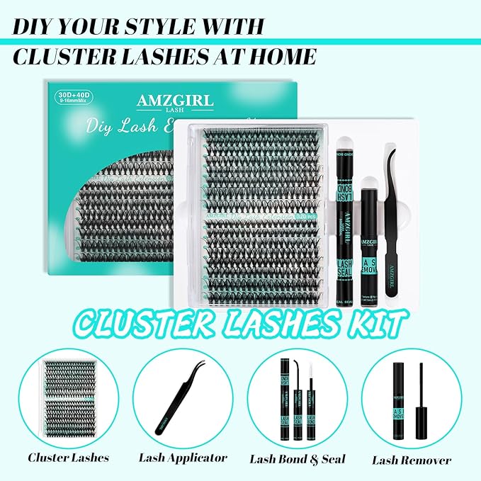 Lash Clusters Kit 320Pcs,DIY Individual Lashes Extension Kit,Lash Bond And Seal,Lash Remover For Eyelashes Extensions,Lash Applicator Tool For False Eyelash Cluster Kit At Home(3040D,D-Mix9-16mm Kit)