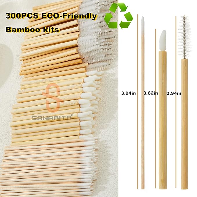 300PCS Bamboo Eyelash Extension Kit – Disposable Micro Swab Brushes, Natural Material Spoolies, Lip Brushes, Mascara Wands, Makeup Applicator Tools