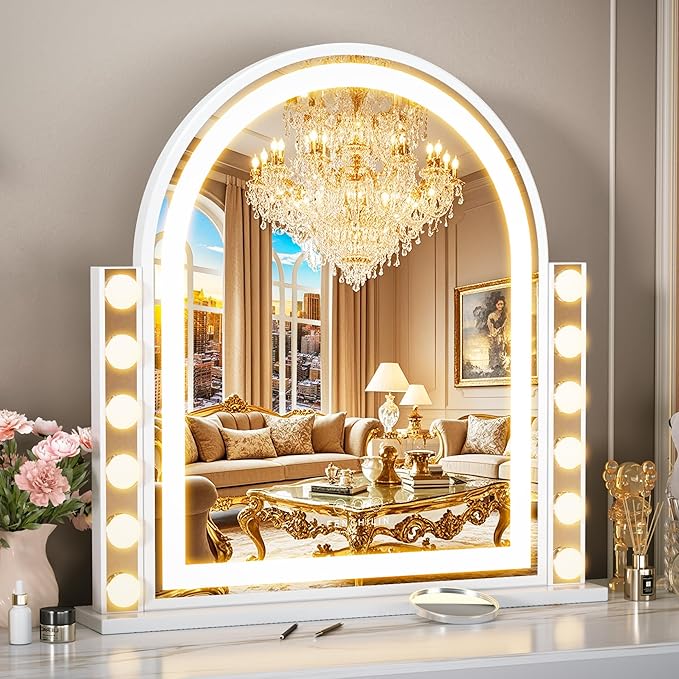 FENCHILIN Arch Vanity Mirror with Light 23.4"x22.4" Arched Makeup Mirror Lighted Hollywood Mirror with 12 Dimmable Bulbs and Light Strip with Smart Control 3 Color Modes White