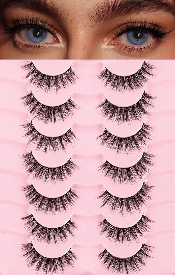 Lashes False Eyelashes Natural 16mm Wispy Eyelashes Thin Band Fluffy Lashes 3D Volume False Lashes Soft Strip Lashes Pack C Curl Natural Eyelashes Fake Lashes 7 Pair EVENTILL