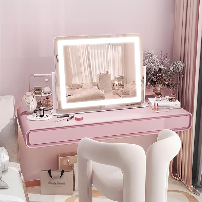 HNV 22"x17" Vanity Mirror with Lights, LED Makeup Mirror with 3 Color Modes & Dimmable Touch Control, 360° Rotation, Aluminum Frame, Large Lighted Mirror for Bedroom or Dressing Table