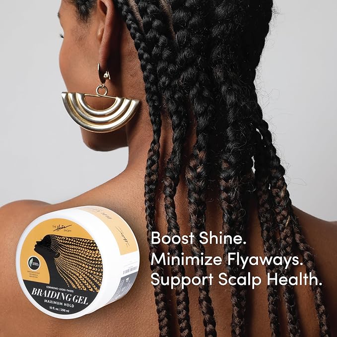 The Hair Shop Braiding Gel, Maximum Extreme Hold to Smooth & Tame Frizz, Made w/Herbal Leaf Extract for No Flakes or Drying, Adds Shine & Holds Braids, Locks, Cornrows, & Twists (5 fl oz)
