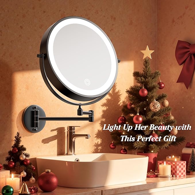 9'' 30X/1X Wall Mounted Lighted Makeup Mirror, 5000mAh Rechargeable Double-Sided Magnifying Mirror with Light, Vanity Mirror Touch Dimmable 3 Colors 360° Rotation Extended Foldable Arm, Power Adapter