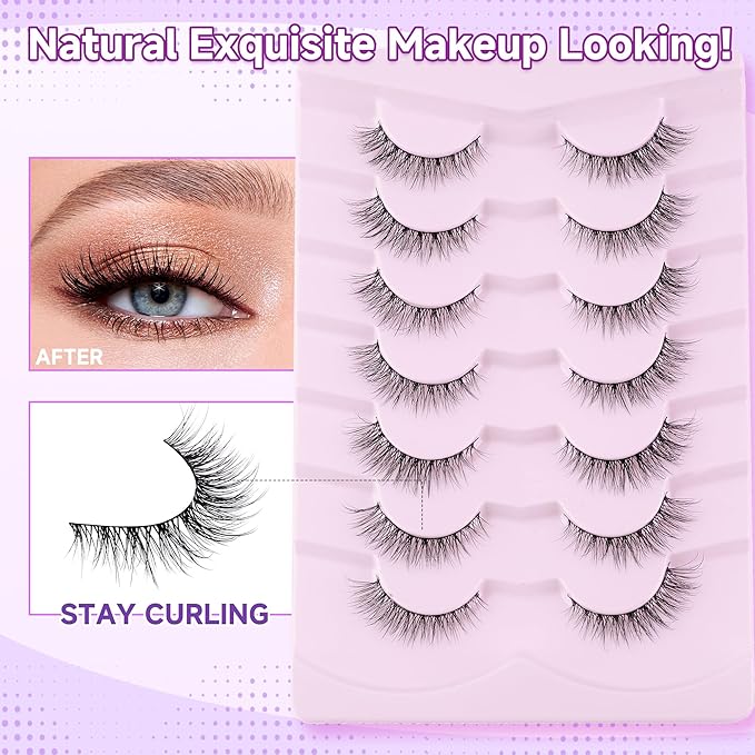 Natural Cat Eye Lashes False Eyelashes Natural 12mm Wispy Eyelashes with Thin Band 3D Volume False Lashes Soft Eye Lashes Pack C Curl Natural Eyelashes Fake Lashes 7 Pair EVENTILL