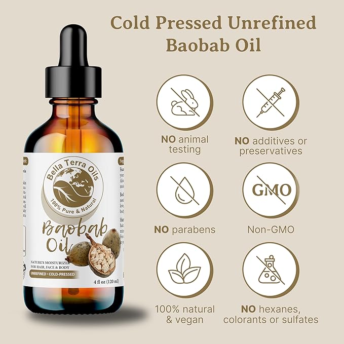 Bella Terra Oils - Baobab Oil 8 oz - Derived from the Majestic Baobab Tree, Enriched with Vitamin A & F, For a Smooth, Plush Skin Experience