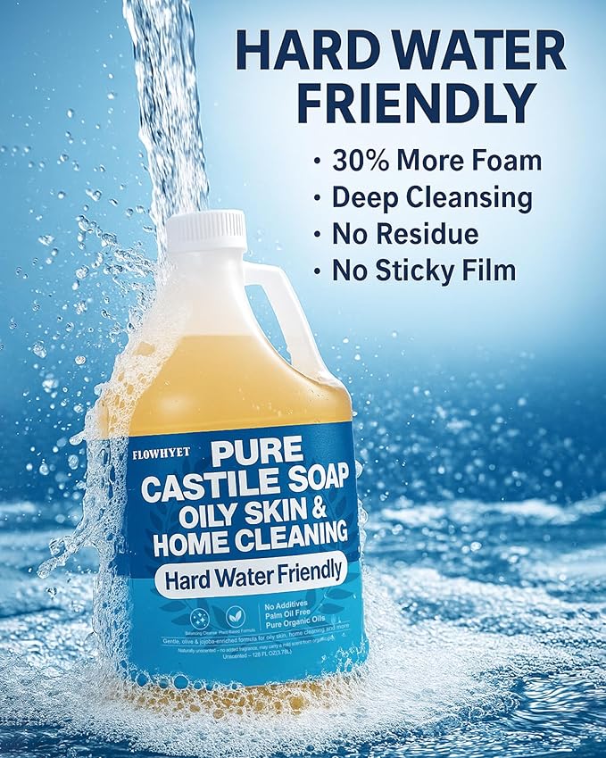 Pure Castile Soap Liquid Unscented 1 Gallon(128 floz) Refill,Organic Body Wash Bath Soap Castile Liquid,Hard Water Oily Skin Friendly for Body, Face, Hand,Dishes,Home Cleaner Fragrance Free