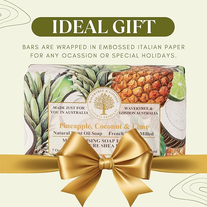 Wavertree & London Pineapple, Coconut & Lime Scented Natural Soap (8 Bars), 7oz Moisturizing French Triple Milled Soap Bars enriched with shea butter - Plant Oil Bath & Body Bars for All Skin Types