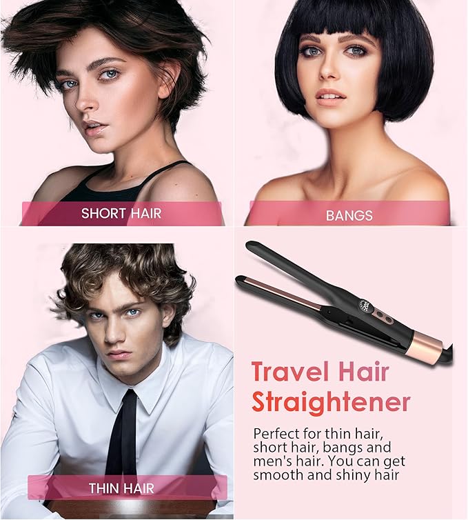 Mini Flat Iron Hair Straightener 1/3 Inch Pencil Flat Iron for Women Portable Travel Straightener and Curler 2 in 1 for Short Hair Beard and Pixie Cut with Adjustable Temp (Rose Gold)