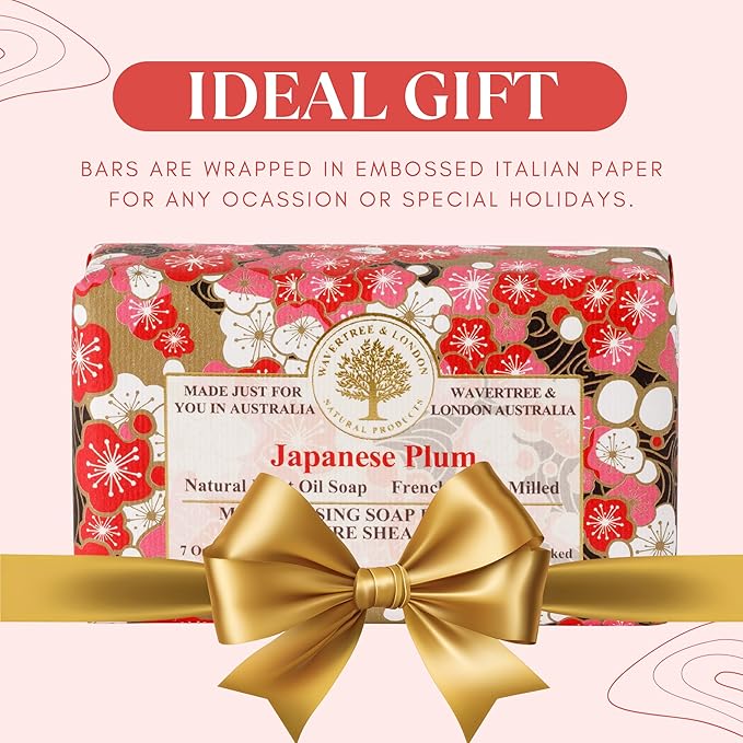 Wavertree & London Japanese Plum Scented Natural Soap (8 Bars), 7oz Moisturizing French Triple Milled Soap Bars enriched with shea butter - Pure Plant Oil Bath & Body Bars for All Skin Types