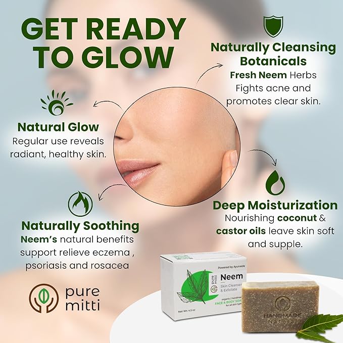 Neem Face, Body Bar Soap 4.5 oz, 3 Pack | Ayurvedic Exfoliating, Cleansing Bar with Coconut Oil, Castor Oil | Gentle Bath Soaps for Face Wash, Body Wash | Soft Soap for Daily Use, All Skins