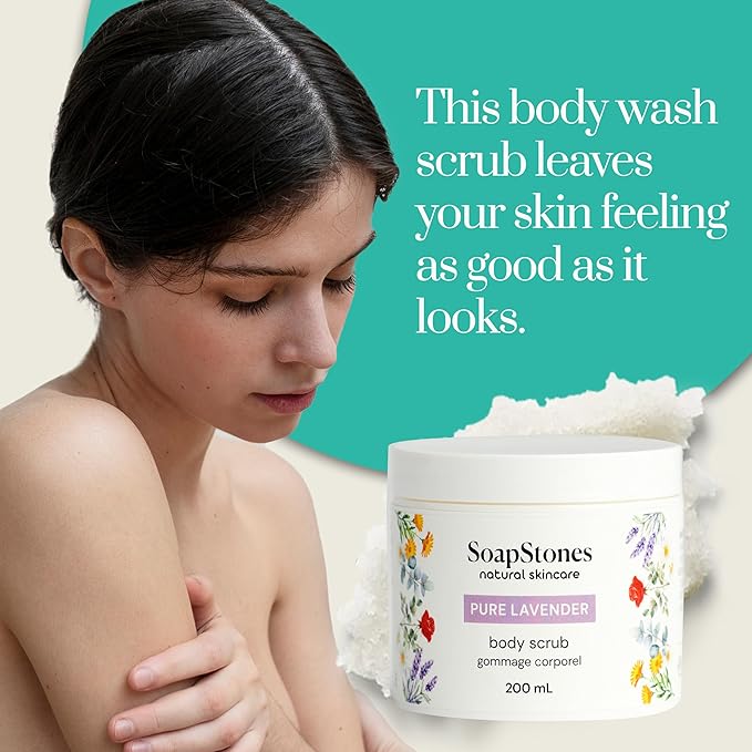 Soapstones Pure Lavender Exfoliating Body Scrub - 200 mL - Gentle and Soothing with Safflower Seed Oil - Essential Oil Infused Body Scrub Exfoliator