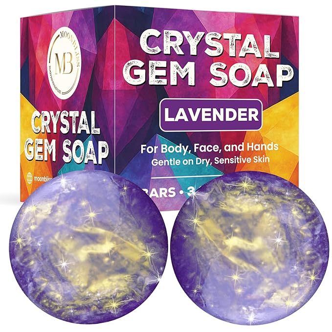 Crystal Gem Soap Bars - Lavender (2-Pack) - Handmade Soap Bars for Moisturizing Sensitive Skin - 100% Natural & Vegan Bar Soap for Women & Men - Bath Soap for Skin Care & Body Care