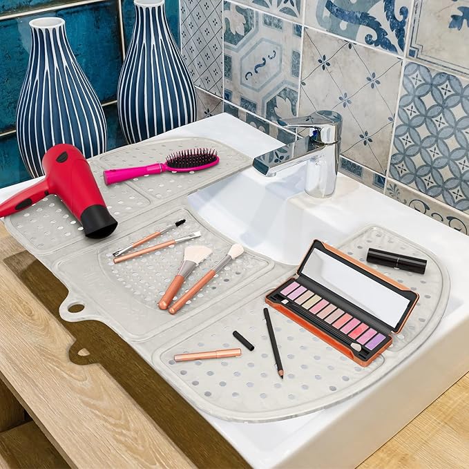 Sink Topper Bathroom Sink Cover for Counter Space & Storage Saver | RV Must Haves | Silicone Foldable Beauty Makeup Brush Cleaning Mat | Hot Tools Organizer | RV Sink Cover | Large, Pearl