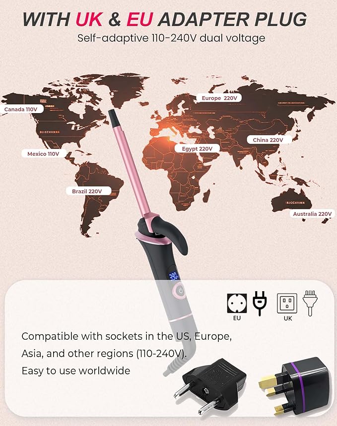 Mini Curling Iron for Short Hair Dual Voltage with European UK Plug Adapter Ceramic Travel Small Curling Iron 3/8 Inch Barrel Curler with Professional 30S Fast Heating, 5 Temps for Global Travel