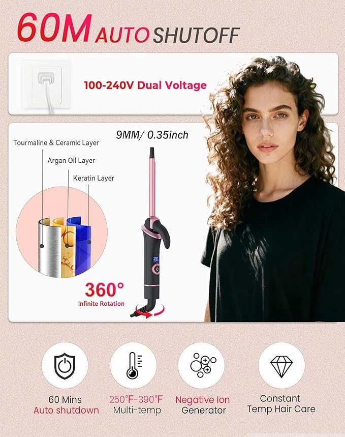 Mini Curling Iron for Short Hair Dual Voltage with European UK Plug Adapter Ceramic Travel Small Curling Iron 3/8 Inch Barrel Curler with Professional 30S Fast Heating, 5 Temps for Global Travel
