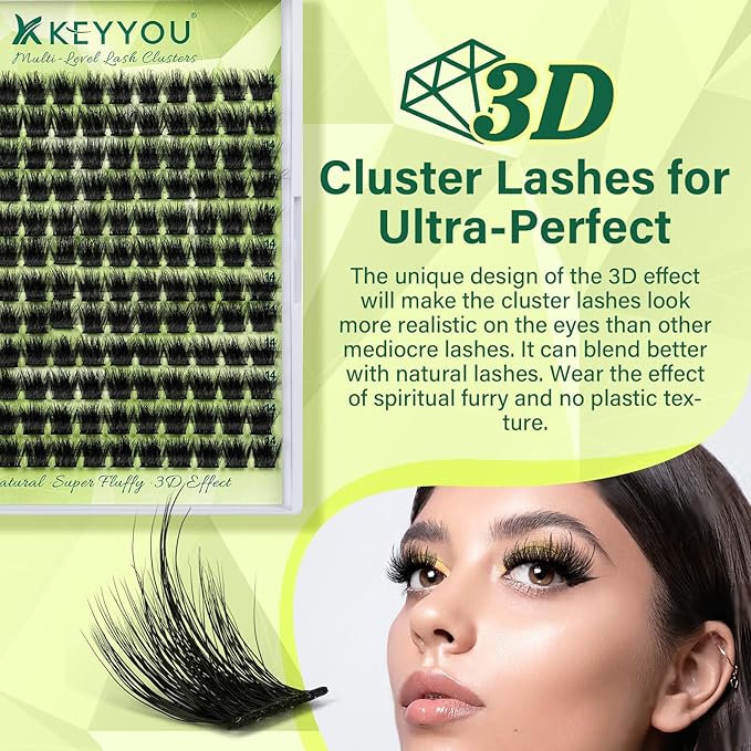 KEYYOU Lash Clusters 3D Effect Eyelash Clusters 144pcs D Curl PuffSilk V3D01 Wispy Lashes Cluster Lashes Natural Soft DIY Lash Extension at Home(PuffSilk V3D01-D-8-18MIX)
