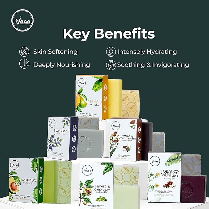 MY ACE Handmade Soap Set of 6 – Mango, Blueberry, Vanilla Cocoa Butter, Avocado, Nutmeg Cardamom, Tobacco Vanilla – SLES, Sulfate & Paraben-Free, Shea Butter & Vitamin E, 3.5oz Each