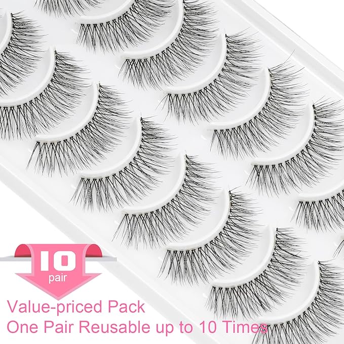 False Eyelashes Natural Lashes Wispy - 12mm Pestañas Postizas Naturales Cat Eye Reusable 10 Pairs Demi Wispies Short Fake Lashes Strips with 0.1mm Ultra Thin Clear Band by EMEDA (X42)