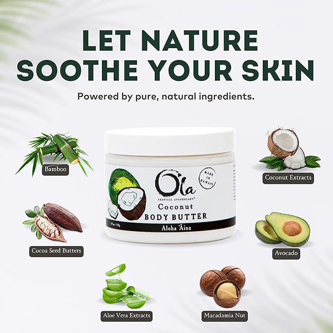 OLA Coconut Body Butter – Moisturizing with Pure Coconut Oil and Hawaiian Plant Extracts - Ideal for Dry Skin - 2.1oz