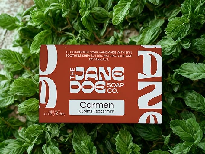 Natural Handmade Cold Process Bar Soap - Made with Olive oil, Coconut oil, Castor, Shea Butter, and Kaolin Clay-Plant Based, Vegan, Moisturizing, Hand/Body Soap! 1 Bar (Carmen Cooling Peppermint)