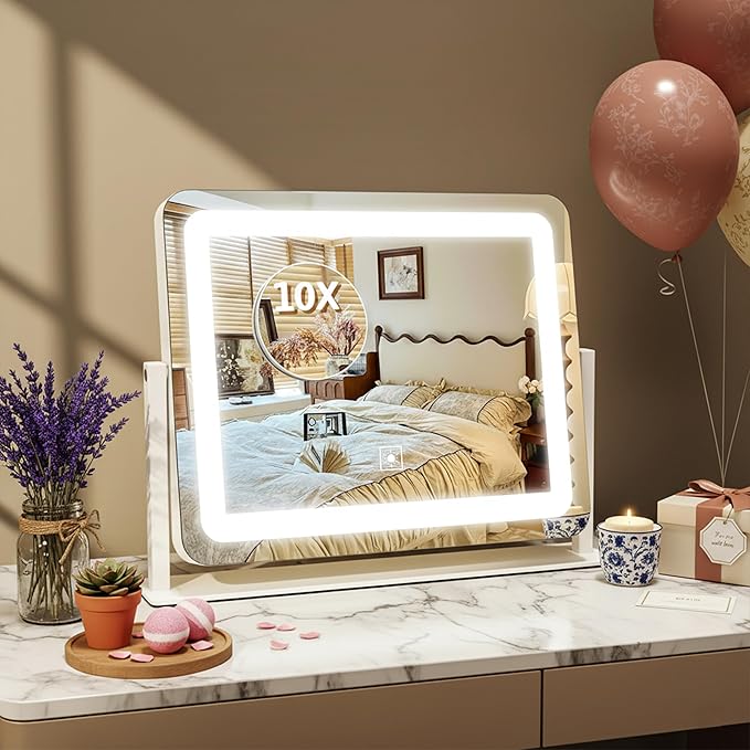 HNV 16"x12" Vanity Mirror with Lights, Hollywood Lighted Makeup Mirror with 10X Magnification, Smart Touch Control, 3 Color Dimmable LED, Square Frame Tabletop or Bathroom Dresser Mount (White)