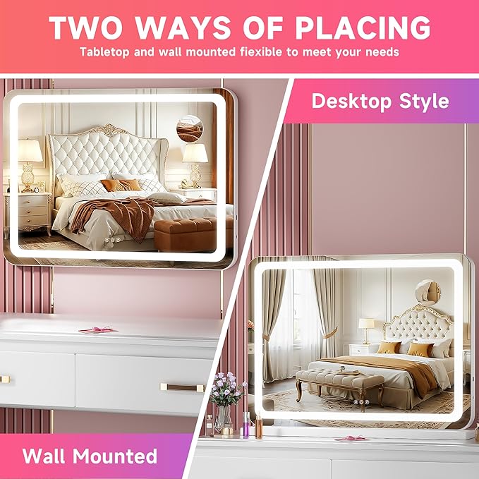 Vanity Mirror with Lights, 40" x 29" LED Makeup Mirror with 10X Magnification, Dimmable 3 Modes, Memory Function, Smart Touch, USB Charging Port, Lighted Makeup Mirror Round White