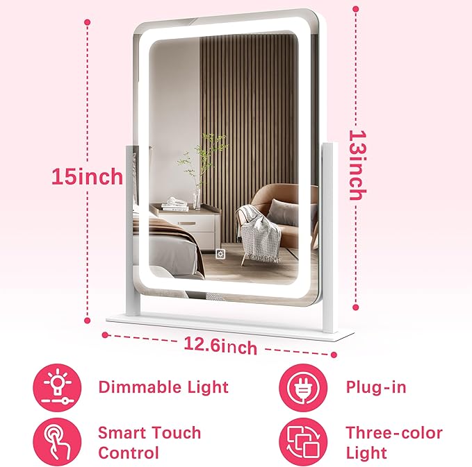 ROLOVE Vanity Mirror with Lights, 12.6"×15" LED Makeup Mirror, Lighted Makeup Mirror with Lights, Smart Touch Control Dimmable 3 Modes Light, Lighted Up Mirror for Makeup Desk, Bedroom, Dressing Room
