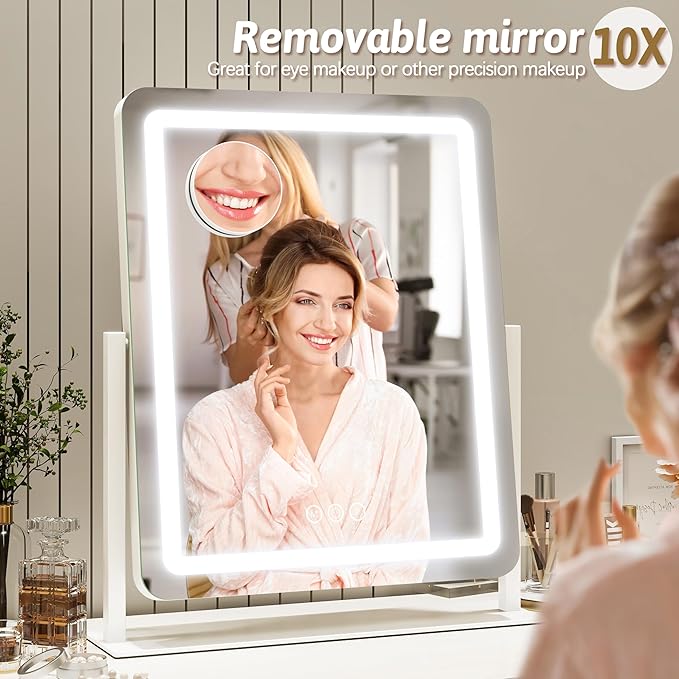 ROLOVE 22x18 Inch Vanity Mirror with Lights, 3 Color Dimmable LED Lighting, Smart Touch Control & 360° Rotation, Large Makeup Mirror for Bedroom, Dressing Room (White)