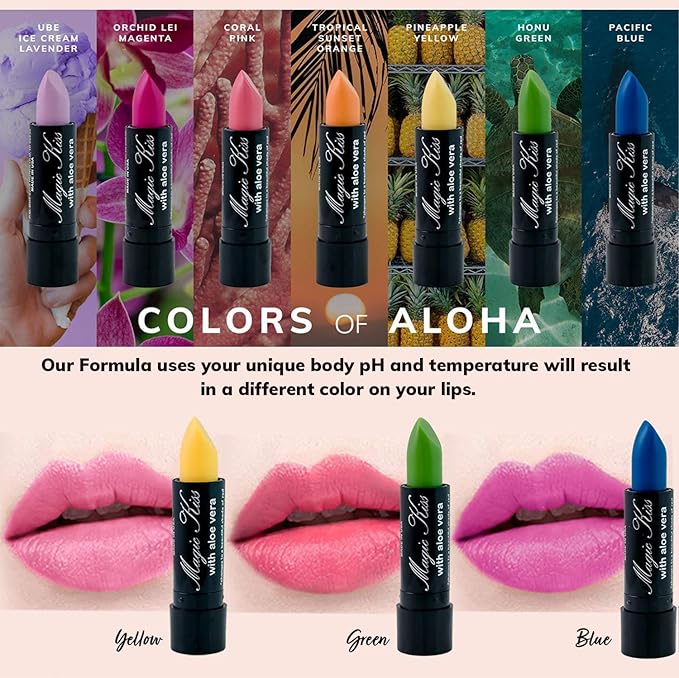 Magic Kiss Color Changing Matte 6 Piece Lipstick Set infused with Aloe Vera Made in USA (Colors of Aloha 4)