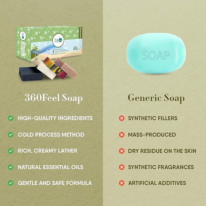 360 Feel Assorted Bar Soap Set - Made in the USA - Castile Handmade All Natural Cold Processed - Includes 4 Assorted Scents - Earthy, Floral, Fruity, & Sweet Fragrances - (5oz, 4-Pack)