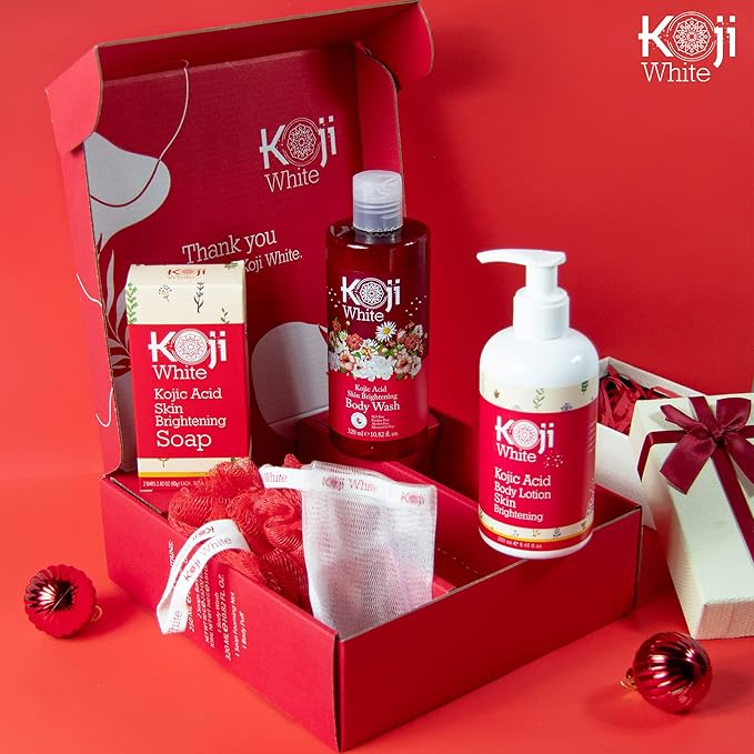 Koji White Gift Set for Women Bath Set - Kojic Acid Soap, Body Wash and Body Lotion for Glowing Skin, Moisturizer, Nourishing, Even Skin Tone, Vegan Skincare Gift Set (3 Pcs)