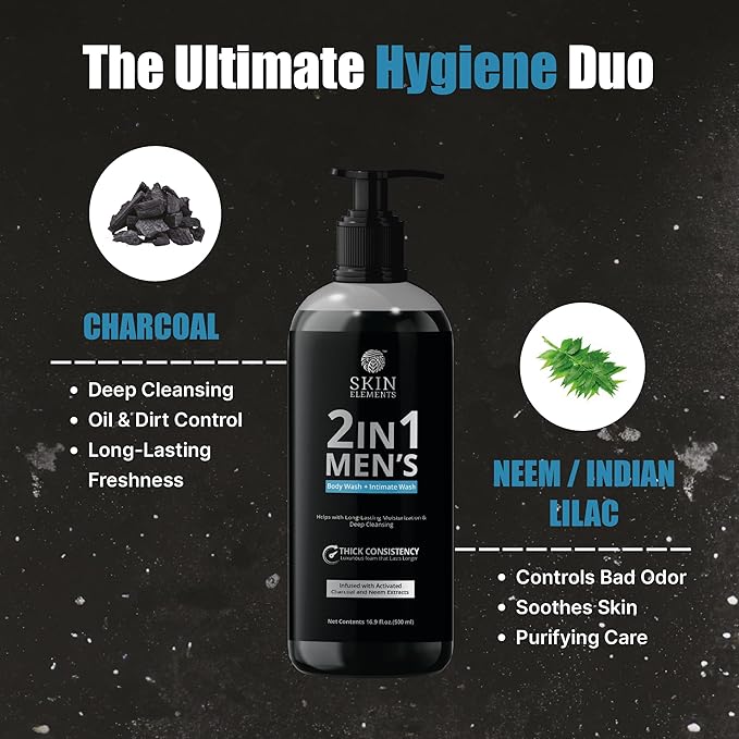 Skin Elements 2-in-1 Body Wash & Intimate Wash for Men| Deep Cleansing Shower Gel| Infused with Activated Charcoal & Neem Extracts| Thicker Consistency| Controls Odor| For All Skin Types | 16.9 fl oz