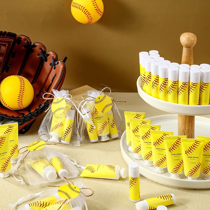 144 Pcs Softball Lip Balms Hand Cream Sets Softball Party Supplies Including 36 Lip Balm and Moisturizing Hand Cream 36 Organza Bags Cards and Ropes for Team Accessories Thank You Gifts