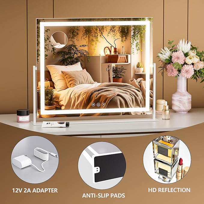 Vanity Mirror with Lights, 30'' x 22'' Lighted Makeup Mirror, Touch Screen with 3-Color Lighting, Dimmable for Vanity Desk Tabletop Square White